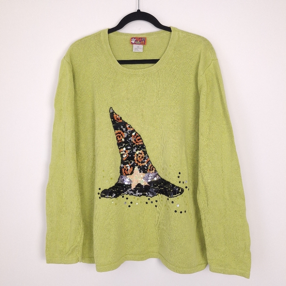 Peek a Boo sequin witch hat Halloween sweater ramie whimsical retro lime green